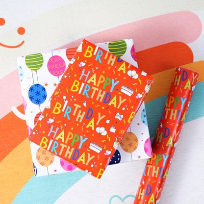 Ulmasinn Birthday Wrapping Paper Roll, 17" x 33', Double Sided Happy Birthday & Balloon Design, Thick 80gsm Gift Wrap for Kids, Boys, Girls and Adults, Mini Roll for Small to Medium Birthday Gifts - color: Birthday red