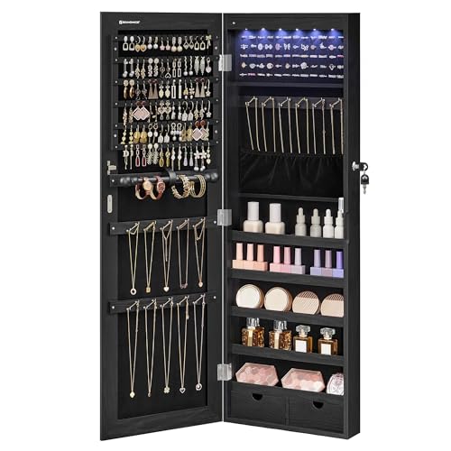 SONGMICS Mirror Jewelry Cabinet Armoire, Wall or Door Mounted, Lockable - color: Black, style: 42.5-Inch with LED Lights