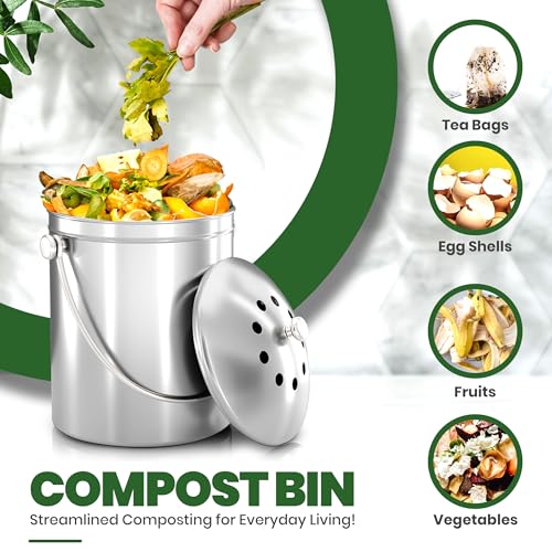Utopia Kitchen Countertop Compost Bin 1 Gallon, Stainless Steel, Silver - color: Silver, size: 1 Gallon (Pack of 1)