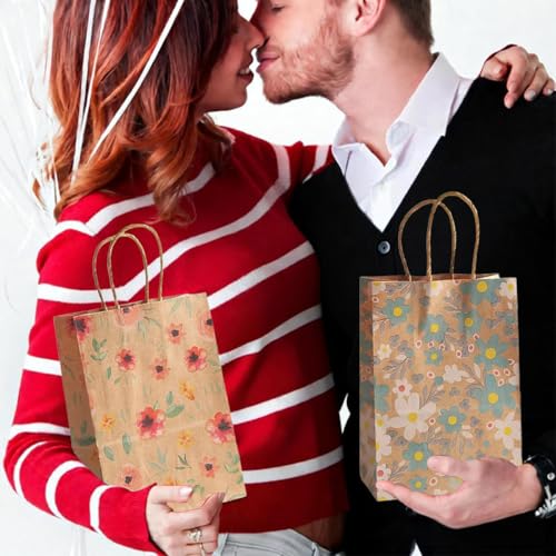 24pcs Floral Pattern Kraft Paper Bag Gift Bags with Handles for Party Favors, Mothers Day, Weddings, Birthday Celebration, Baby Shower,8.26×5.9×3.14inch - color: flower