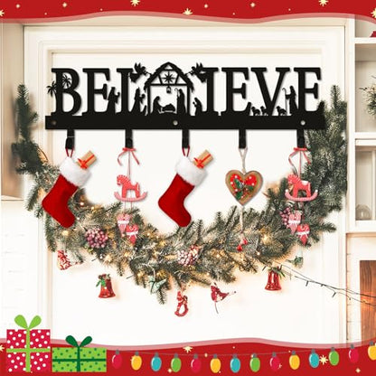 Cinnvoice Nativity Christmas Stocking Holder for Wall, 5 Hangers, Believe - style: Believe