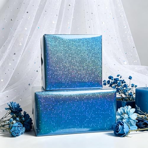 Vnaaem Blue Holographic Wrapping Paper Roll - Metallic Foil Stars Design Gift Wrap for Birthday Kpop Party Graduation Wedding Baby Shower(17 IN x 16.5 Ft) - color: Blue Metallic Stars