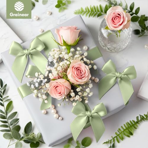 50 Pcs Sage Green Satin Ribbon Bows, 3.5" x 3.5", with Twist Ties - color: Sage Green