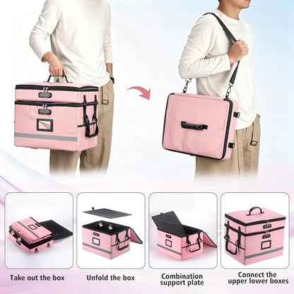 EXLIFBAG Fireproof File Organizer with Lock, 2 Layer - color: Pink, size: 2 Layer