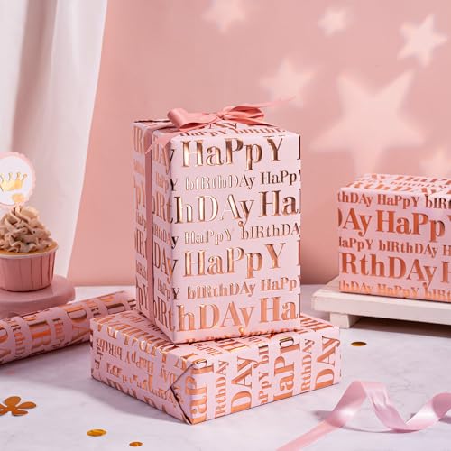 WRAPAHOLIC 3D Kraft Birthday Wrapping Paper Roll - Mini Roll - 17 Inch x 16.5 Feet - Rose Gold and Pink Happy Birthday Wrapping Paper with Embossed Perfect for Holiday, Party Celebration - color: Pink & Rose Gold Happy Birthday, size: 17 inch x 16.5 feet