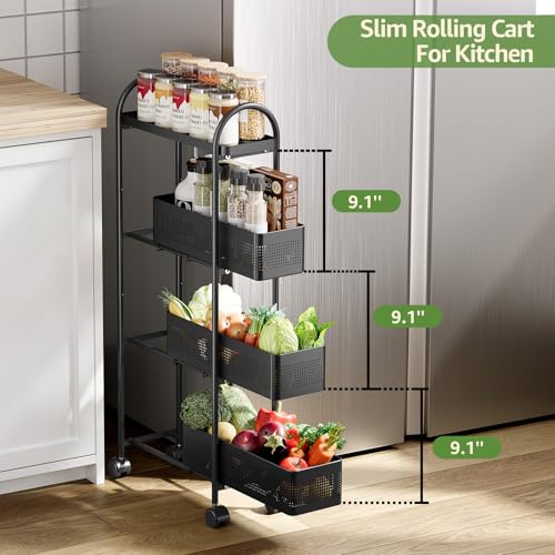 KINGRACK 4 Tier Slim Rolling Cart with Drawer, Metal Utility Storage Cart - color: Black, size: 4 Tier-3BKT