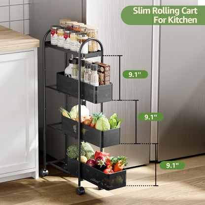 KINGRACK 4 Tier Slim Rolling Cart with Drawer, Metal Utility Storage Cart - color: Black, size: 4 Tier-3BKT