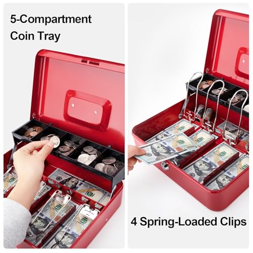 Jssmst Metal Cash Box with Money Tray and Lock, Portable Cash Drawer, 11.8" - color: Red Key