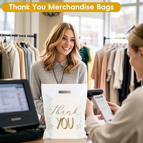 White Thank You Bags for Business Small, 100 PCS 12x15 Plastic Bags - color: White Thank You Bags