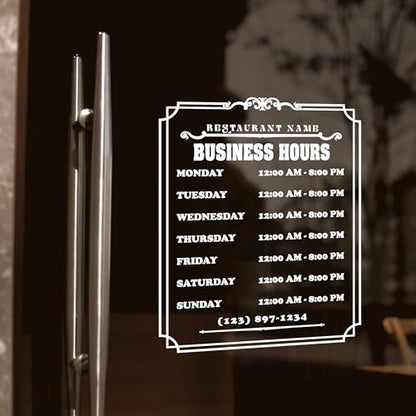 Personalized Business Hours Decal for Storefront, Glass Door & Window Sign - color: DES-9