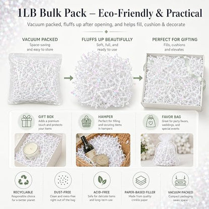 STRBOXONG Diamond White Crinkle Paper Filler 1 LB, Dust-Free Crinkle Cut Paper Shred for Wedding Gift Boxes, Luxury Gift Baskets, Beauty Packaging, Party Favors, Retail Displays and Gift Bags - color: Diamond White