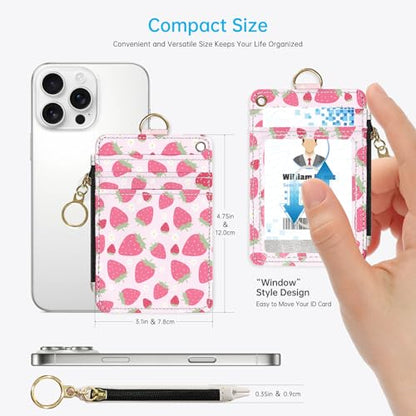 2-in-1 ID Badge Holder & Lanyard Wallet，Cute Zippered Pouch Pink Strawberry - color: Pink Strawberry