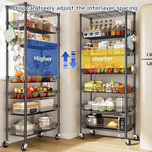 DurayLoly 7-Tier Wire Shelving Unit with Basket Shelf & Wheels - size: 72" H x 30" W x 14" D