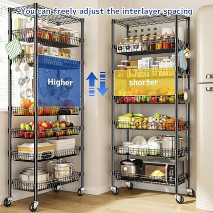 DurayLoly 7-Tier Wire Shelving Unit with Basket Shelf & Wheels - size: 72" H x 30" W x 14" D
