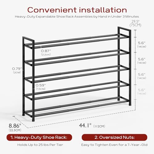 Bumusty 5 Tier Long Expandable Shoe Rack for Closet, Black - color: Black, size: 5-tier