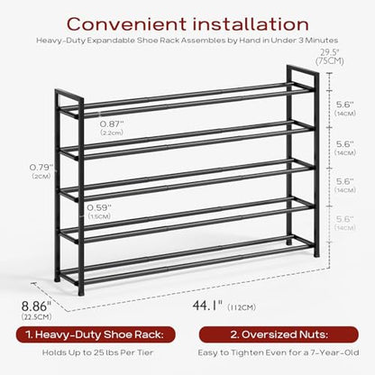 Bumusty 5 Tier Long Expandable Shoe Rack for Closet, Black - color: Black, size: 5-tier