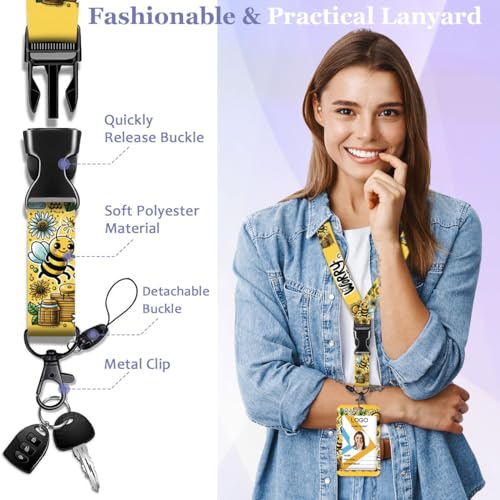 Cute Bee ID Badge Holder with Lanyard and Retractable Badge Reel - color: Bee Happy