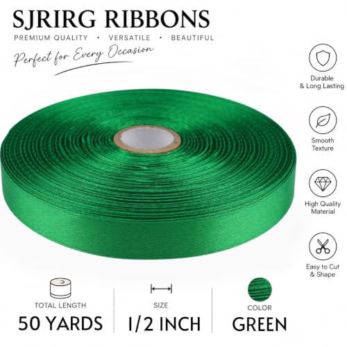 1/2 Inch Green Satin Ribbon 50 Yards Single Face Polyester - color: Green, size: 1/2 inch