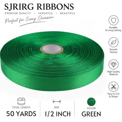 1/2 Inch Green Satin Ribbon 50 Yards Single Face Polyester - color: Green, size: 1/2 inch