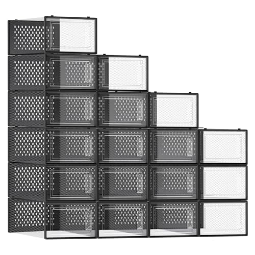 SONGMICS Shoe Boxes, Clear Plastic Sneaker Box, Pack of 18 - color: Transparent + Black, size: L-18pcs