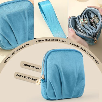 Velvet Travel Jewelry Pouch, 2-in-1 Case with Detachable Insert - color: Teal Blue