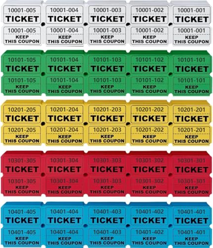 1000 Pcs Raffle Tickets Roll, 50/50 Raffle Tickets for Events, Fundraisers & Parties (5 Colors), Class Reward, Fundraiser & Prizes, Total in Five Colors (500 Pairs)