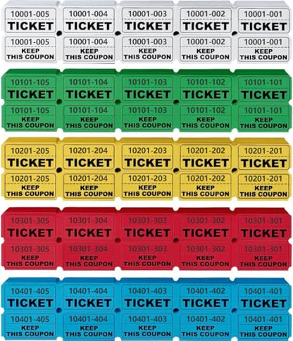 1000 Pcs Raffle Tickets Roll, 50/50 Raffle Tickets for Events, Fundraisers & Parties (5 Colors), Class Reward, Fundraiser & Prizes, Total in Five Colors (500 Pairs)