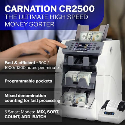 Bank Grade Mixed Denomination Bill Counter and Sorter CR2500 with Printer - Full Spectrum Counterfeit Detection PC Suite 2 Year Warranty (CR2500) - size: CR2500