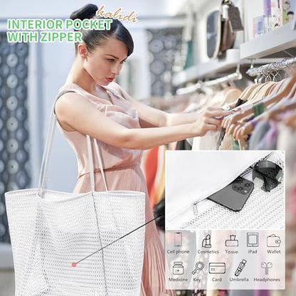 KALIDI Beach Mesh Tote Bag, Casual MAX 23L Summer Foldable Hobo Bag Women - color: Blue White