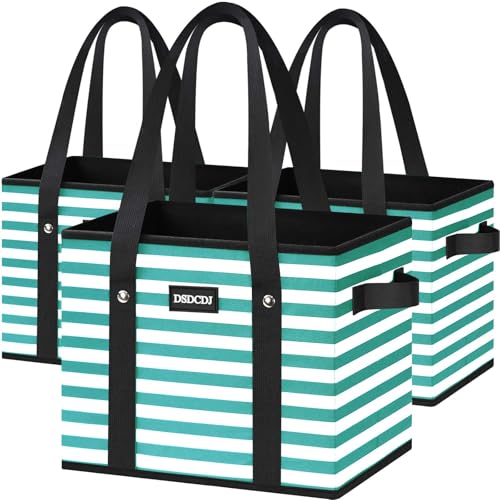 Reusable Grocery Bags 3 Pack - Heavy Duty Reusable Shopping Bags with Hard Bottom & Long Handles, Foldable Utility Tote Bag with Box Shape to Stand Up, 13x10.23x11in, Stripe Green - color: Stripe Green, size: 3 Pack