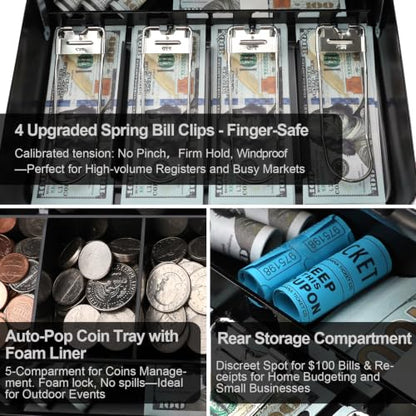 Jssmst Metal Cash Box with Money Tray and Lock, Portable Cash Drawer, 11.8" - color: Black Code-A