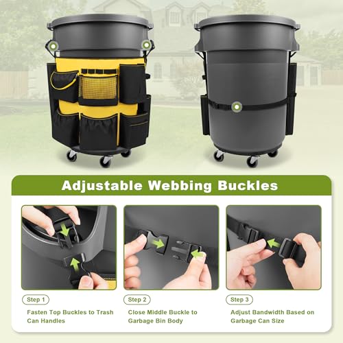 HODRANT 32-55 Gallon Trash Can Caddy Bag with Multi Pockets for Clean Tools - color: Black+Yellow