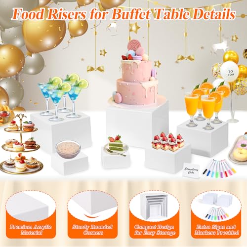 White Acrylic Buffet Risers and Stand Food Risers with Mini Sign and Maker - color: 8" 7" 6" 5" 4" 4"