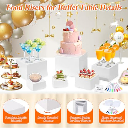 White Acrylic Buffet Risers and Stand Food Risers with Mini Sign and Maker - color: 8" 7" 6" 5" 4" 4"