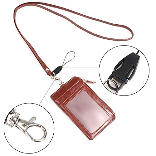 Wisdompro Leather ID Badge Holder Lanyard with Zipper Pocket, Brown - color: Brown, size: Vertical