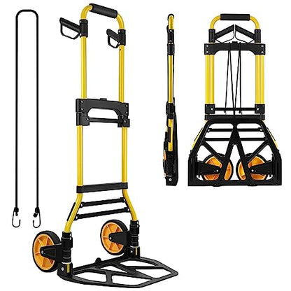 Folding Hand Truck and Dolly, 440lbs Capacity Portable Luggage Dolly Cart with Rubber Wheels and Retractable Handle, Aluminum Foldable Hand Cart for Transportation/Luggage/Mobile/Travel/Office Use - color: Yellow