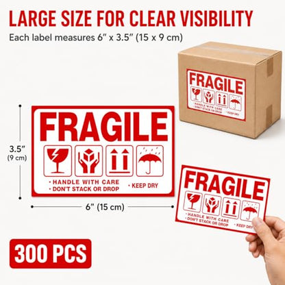 Large Fragile (6" X 3.5") Handle with Care Keep Dry Upward Do Not Trample Shipping Box Warning Stickers Label (STK-02 300pcs) - size: STK-02 300pcs