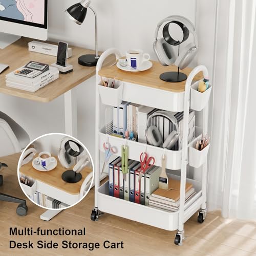 3 Tier White Metal Heavy Duty Rolling Cart with Wheels and Wooden Table Top - color: White