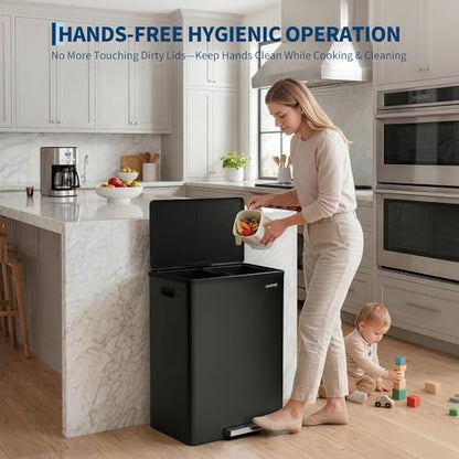 10.5 Gal Dual Compartment Stainless Steel Kitchen Trash Can with Lid, 20L+20L Recycling Garbage Bin, Soft Close Foot Pedal Trash Bin with 2 Removable Inner Buckets, Fingerprint Resistant for Home Offi - color: Black, size: 2x5.25Gal