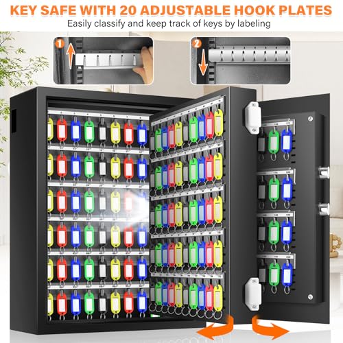 200 Keys Heavy Duty Fireproof Key Lock Box Wall Mount with Code&Hook Plates - size: 200 Keys