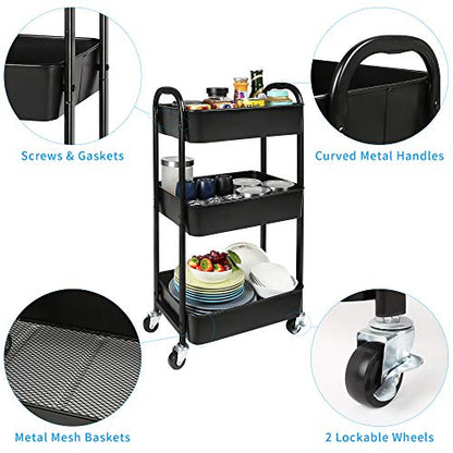 3-Tier Rolling Utility Cart with Caster Wheels Easy Assembly, Black - color: Black, size: 3-Tier Standard Cart