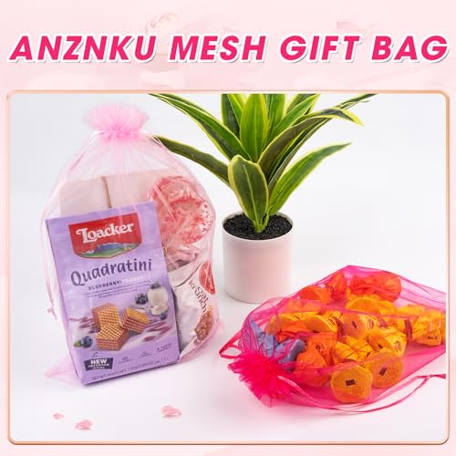 ANZNKU 50 Pcs Large Organza Bags 8x12, Pink Small Mesh Gift Bag Drawstring - color: Pink