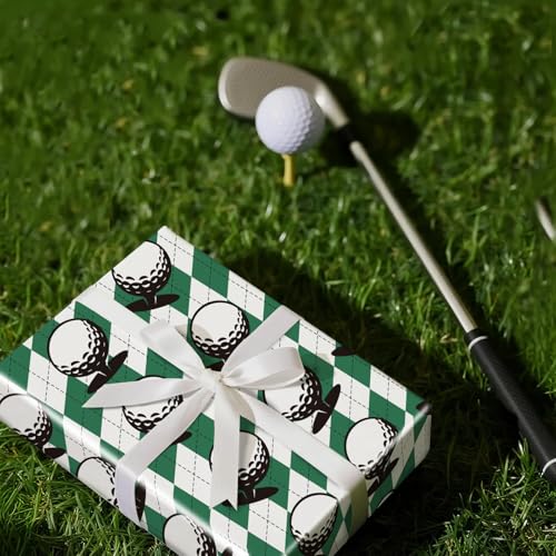 RUSPEPA Golf Wrapping Paper Roll for Men Boys, Mini Roll, Classic Golf Ball and Argyle Plaid Design, Green and White Gift Wrap for Father's Day, Birthday, Sports Party, 17 Inches x 16.4 Feet - color: Golf Ball