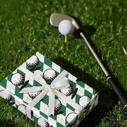 RUSPEPA Golf Wrapping Paper Roll for Men Boys, Mini Roll, Classic Golf Ball and Argyle Plaid Design, Green and White Gift Wrap for Father's Day, Birthday, Sports Party, 17 Inches x 16.4 Feet - color: Golf Ball