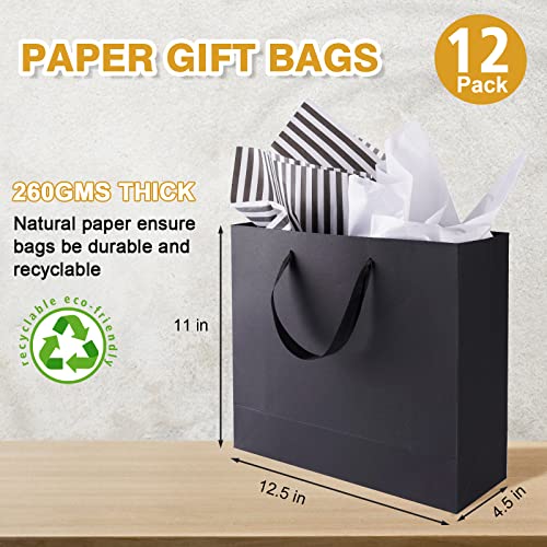 12 Pack Black Gift Bags with Ribbon Handles, Large Gift Bags with Tissue Paper, Black Kraft Paper Gift Bags for Shopping, Small Business, Wedding, Christmas and Holiday (12.5” x4.5” x11”) - color: black-12-lager