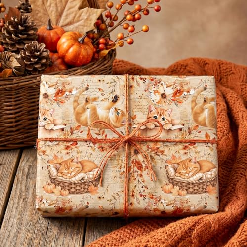 WRAPAHOLIC Kraft Fall Wrapping Paper Roll - Mini Roll - 17 Inch x 16.5 Feet - Cat, Autumn Maple Leaves, Pumpkin Wrapping Paper for Autumn, Thanksgiving, Party, Holiday - color: Cat & Maple Leaves