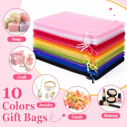 ANZNKU 100PCS Organza Bags 6x9, Colorful Small Mesh Gift Bags Drawstring - color: Multicolor