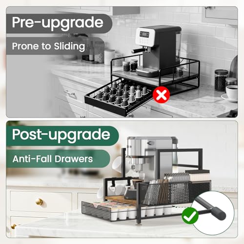 EsLuker.ly Coffee Bar Station Organizer with K Cup Drawer, 7 Mug Hooks - color: Black+Dark Brown