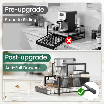 EsLuker.ly Coffee Bar Station Organizer with K Cup Drawer, 7 Mug Hooks - color: Black+Dark Brown