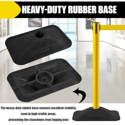 10 ft Crowd Control Stanchion Set, Yellow Crowd Control Barrier with Retractable Belts & Rubber Base, Queue Management Stanchion (4 Pack) - size: Rubber Base-4 Pack